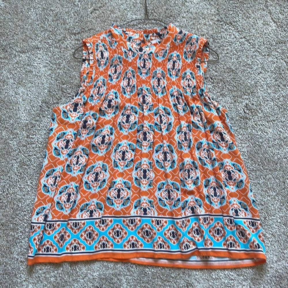 Orange Sleeveless Summer Top with baby, white and light blue. Pineapples!!